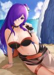 1girl alluring beach big_breasts bikini cleavage fire_emblem nintendo ocean pin_up purple_eyes purple_hair ray_ryuusaki shez_(fire_emblem) shez_(fire_emblem)_(female) shez_(summer)_(fire_emblem)