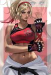 1girl alluring athletic_female bare_shoulders big_breasts blonde_hair blue_eyes border closed_mouth commentary dougi female_abs fingerless_gloves fit_female gloves hairband headband high_res karate karate_gi kittymiya lidia_sobieska looking_at_viewer martial_arts_belt namco navel ponytail red_background red_hairband red_headband red_tank_top scar scar_across_eye scar_on_face studded_gloves tank_top tekken tekken_7 tekken_8 toned toned_female white_border zoom_layer