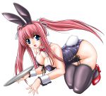 blue_eyes breasts bunny_ears bunny_tail bunnysuit choker eyebrows hentai high_heels long_hair pink_hair shoes tail thighhighs tomoya_kankurou