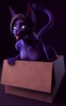 1girl 3d 3d_(artwork) anthro asha_(heymupau) black_hair box cat drooling felid feline felis female_only furry heymupau high_res mammal nude ponytail purple_eyes purple_fur purple_skin saliva small_breasts solo_female