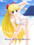 1girl alluring bare_legs beach big_breasts bikini bishoujo_senshi_sailor_moon blonde_hair blue_eyes cleavage minako_aino ocean on_knees pin_up sailor_venus twkr