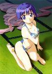  1girl ai_yori_aoshi barefoot bikini blue_eyes blue_hair blush breast_hold breasts cleavage feet fumizuki_kou hentai highres hosoda_naoto official_art on_floor sakuraba_aoi short_hair sitting solo swimsuit watermark 