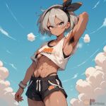 1girl 1girl abs ai_generated armpit_hair armpits arms_up bangs bare_arms bea_(pokemon) biceps black_hair_ornament black_hairband black_shorts blush bow_hairband breasts capybarai closed_mouth clothing cowboy_shot crop_top dark-skinned_female dark_skin dolphin_shorts female_only grey_eyes grey_hair hair_between_eyes hairband headwear indoors looking_at_viewer midriff muscle muscular_female navel obliques pokemon pokemon_(game) pokemon_ss pubic_hair shirt short_hair shorts small_breasts sports_bra standing steam stomach sweat thick_eyebrows thighs tomboy toned under_boob underwear v-shaped_eyebrows wet white_hair