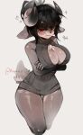 1girl 1girl 1girl absurd_res angry anthro bangs big_breasts black_hair bovid caprine cleavage clothed clothing crossed_arms curvy_figure female_only fur furry goat grey_body grey_fur hair hair_bun high-angle_view high_res horn looking_at_viewer mammal meme meme_clothing reapus red_eyes simple_background solo_female sweater tail thick_thighs tobi_(tobigote) virgin_killer_sweater white_background wide_hips