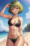 abs ai_generated beach breasts brown_eyes green_hair looking_at_viewer muscular muscular_female nuggeto smile swimsuit