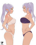 2_girls alluring alternate_costume bandeau big_breasts bikini black_bikini braid brown_eyes crossover drop_earrings earrings elf english_commentary english_text female_only fire_emblem fire_emblem_awakening frieren from_side green_eyes grey_hair hands_on_own_hips jewelry kaos_art long_hair looking_at_another medium_breasts multiple_girls navel nintendo panties pointy_ears profile purple_bikini purple_swimsuit robin_(fire_emblem) robin_(fire_emblem)_(female) same_hairstyle simple_background sousou_no_frieren standing strapless strapless_bikini swimsuit tube_top twin_tails under_boob underwear white_background white_bikini white_swimsuit