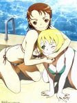  2girls akane_soir all_fours bikini blonde_hair blush breasts brown_hair checkered_bikini cleavage erstin_ho green_bikini green_eyes headlock hisayuki_hirokazu kneeling looking_at_viewer medium_breasts megami_magazine_deluxe multiple_girls my-otome official_art photoshop_(medium) pool pool_ladder poolside red_eyes side-tie_bikini smile swimsuit water wavy_mouth wet wince 