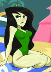 1girl 1girl 1girls 2024 black_hair disney disney_channel female_focus female_only green_eyes green_skin kim_possible long_hair newguy1091 shego small_breasts swimsuit_pull