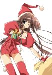 1girl bag blue_eyes blush brown_hair christmas duplicate gift gloves hat hentai highres holding holding_gift long_hair miniskirt one_eye_closed red_gloves sack santa_hat skirt solo suzuhira_hiro thighhighs wink zettai_ryouiki