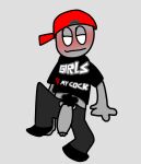 anonymous_artist backwards_hat bedroom_eyes blush grey_background grey_skin guy_with_swag_(ssc_productions78) heart large_penis male oc original_character pubic_hair red_hat roblox robloxian shirt_up silly sitting unknown_artist white_eyes