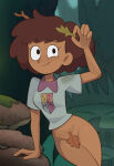 1girl 1girls amphibia anne_boonchuy bottomless brown_hair censored clothing dark-skinned_female dark_skin disney human leaf_censor leaf_on_crotch looking_at_viewer newguy1091 no_pants shirt smile smiling smiling_at_viewer tagme thai