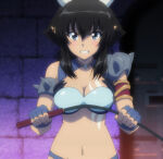 1girl angry armlet black_hair blue_eyes blush breasts clenched_teeth dark-skinned_female dark_skin demon_girl demon_horns hair_between_eyes holding holding_object horns jewelry long_hair looking_at_viewer medium_breasts midriff momo_kyun_sword navel neck necklace onihime_(momokyun) pointy_ears revealing_clothes riding_crop screencap spiked_armlet teeth