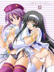 2girls akimoto_dai black_hair black_panties blush bottomless bow bow_panties dress_shirt green_eyes hairband hat hentai melty_blood multiple_girls no_pants one_eye_closed open_clothes open_shirt panties purple_eyes purple_hair shirt side-tie_panties sion_eltnam_atlasia string thighhighs tohno_akiha toono_akiha tsukihime type-moon underwear white_legwear white_panties white_thighhighs wink