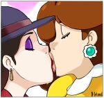 1girl 2_girls b-intend brown_hair closed_eyes couple duo earrings eyeshadow female_only jewelry kiss_on_lips kissing lips lipstick long_hair love makeup multiple_girls mutual_yuri neck nintendo pauline pauline_(super_mario_odyssey) princess_daisy purple_eyeshadow red_lipstick super_mario_bros. super_mario_land super_mario_odyssey upper_body yuri