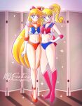 2_girls alluring bishoujo_senshi_sailor_moon blonde_hair blue_eyes bow clothing kgfantasy medium_breasts minako_aino outfit_swap pout sailor_moon sailor_venus smile usagi_tsukino