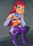 1girl 1girls 2024 2d cartoon_network dc_comics footwear full_color green_eyes grin koriand'r long_hair newguy1091 no_bra older older_female orange_skin red_hair shirt_lift small_breasts smile smiling_at_viewer solo_female starfire teen_titans thigh_gap young_adult young_adult_female young_adult_woman