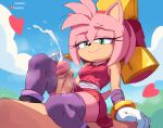 1boy 1girl amy_rose anthro bodily_fluids boneofarc clothed clothing cum dress ejaculation eulipotyphlan faceless_character faceless_male female genital_fluids genitals gloves green_eyes handwear heart_symbol hedgehog high_res human legwear male mammal penis piko_piko_hammer pink_body red_clothing red_dress sega sex smile sonic_boom sonic_the_hedgehog_(series) stockings thigh_sex