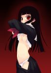 1girl ai_enma bangs black_hair blunt_bangs blush bow breasts enma_ai f-ism flat_chest hell_girl hentai hime_cut jigoku_shoujo long_hair midriff murakami_suigun navel nipples open_clothes open_skirt panties pantyshot pleated_skirt red_eyes school_uniform serafuku shirt_lift simple_background skirt skirt_pull small_breasts solo standing sweatdrop tears underwear undressing white_panties