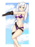 1girl alluring belt big_breasts bikini brown_eyes clouds fire_emblem fire_emblem_awakening gloves looking_at_viewer midriff navel nintendo o-ring o-ring_bikini o-ring_swimsuit outside purple_bikini purple_swimsuit robin_(fire_emblem) robin_(fire_emblem)_(female) sky sonicheroxd swimsuit twin_tails white_hair