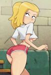 1girl 1girl 1girls 2024 action_pose amphibia arched_back ass back back_view beauty_mark big_ass black_eyes blonde_hair bottom_heavy bottomwear breasts clothed clothed_female clothes clothing cowboy_shot crop_top disney disney_channel from_behind fully_clothed gym_shorts hair human large_ass light-skinned_female light_skin long_hair looking_back medium_breasts midriff mole mole_under_eye newguy1091 nipple_bulge nipples no_bra ponytail pose posing rear_view sasha_waybright shirt short_shorts shorts side_view standing t-shirt thick_thighs thighs topwear under_boob walking wide_hips