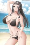 1girl alluring aslind_samure aslindsamure beach big_breasts black_hair blue_eyes blue_sky cleavage nico_robin ocean one_piece pin_up posing