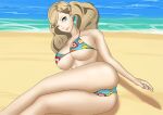 1girl 2d alluring ann_takamaki ass beach big_breasts bikini blonde_hair blue_bikini blue_eyes blue_swimsuit earrings hairclip looking_at_viewer ocean outside painted_fingernails pattern_bikini pattern_swimsuit persona persona_5 sae_niijima_(artist) saeniijima swimsuit twin_tails water