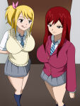 2_girls blonde_hair erza_scarlet fairy_tail long_hair lucy_heartfilia ponytail pov pov_eye_contact red_hair redhead school_uniform schoolgirl