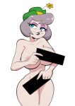 1girl 1girls 2023 2d animaniacs bedroom_eyes big_breasts biting_lip blue_eyes breasts censor_bar censoring_self female_only grey_hair hat humanized newguy1091 nude physical_censor_bar slappy_squirrel smile