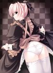  1girl apron ass back black_dress black_eyes dress dress_lift from_behind gothic hentai highres jian looking_back maid panties purple_hair short_hair skirt skirt_lift solo standing thighhighs underwear white_legwear white_panties white_thighhighs 