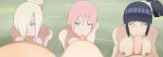 3_girls big_penis blonde_hair blue_hair eye_contact fat_man fellatio fellatio group group_sex hinata_hyuuga ino_yamanaka naked_female naruto naruto_shippuden nude pink_hair pov pov_eye_contact sakura_haruno small_penis