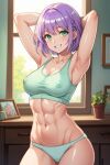 abs ai_generated breasts green_eyes looking_at_viewer muscular muscular_female nuggeto panties purple_hair smile tank_top