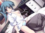  1girl blue_panties blush bottomless dress_shirt dutch_angle fue_(tsuzuku) game_cg hentai hinatabokko kujou_koori no_pants open_clothes open_shirt panties pillow ponytail shirt sitting sleeves_rolled_up solo straddle straddling striped striped_panties underwear 