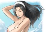 1girl 1girl alluring beach big_breasts black_hair blue_sky closed_eyes erodrunky female_only kazama_jun lesseinsanimer milf namco nude tekken tekken_2 tekken_8 tekken_tag_tournament tekken_tag_tournament_2