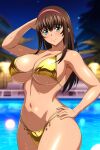 1girl accurate_art_style alluring big_breasts bikini blue_eyes brown_hair cleavage dead_or_alive dead_or_alive_2 dead_or_alive_3 dead_or_alive_4 dead_or_alive_5 dead_or_alive_6 dead_or_alive_xtreme dead_or_alive_xtreme_2 dead_or_alive_xtreme_3 dead_or_alive_xtreme_3_fortune dead_or_alive_xtreme_beach_volleyball dead_or_alive_xtreme_venus_vacation doasuki gold_bikini hitomi hitomi_(doa) pin_up swimming_pool tecmo under_boob