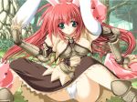  1girl animal_ears armor armored_dress breasts cameltoe fake_animal_ears green_eyes large_breasts mitsuki_mantarou panties poring rabbit_ears ragnarok_online red_hair spread_legs swordsman_(ragnarok_online) underwear 