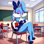 ai_generated buster_bunny cheerleader classroom genderswap high_heels miniskirt mtf_transformation tiny_toon_adventures