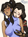 2_girls arms_at_sides artist_name asami_sato avatar:_the_last_airbender bare_arms bare_shoulders big_breasts black_hair black_jacket blush breast_grab breasts brown_gloves brown_hair closed_eyes closed_mouth couple dark-skinned_female dark_skin dated duo eyeshadow female_only femdom femsub gloves grabbing grabbing_from_behind green_eyes hair_ornament hair_tubes half-closed_eyes head_tilt interracial jacket korra lips lipstick long_hair long_sleeves looking_at_another love makeup medium_breasts mina_cream minacream moaning multiple_girls mutual_yuri neck nickelodeon one_eye_closed parted_lips ponytail red_lipstick sidelocks simple_background sleeveless the_legend_of_korra white_background wince wink yuri