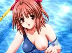 1girl breast_slip breasts game_cg hentai makino_konoha nekonyan nipples one-piece_swimsuit one_breast_out pool raspberry_(game) red_eyes red_hair school_swimsuit solo strap_slip swimsuit wardrobe_malfunction