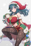 1girl 1girl 1girl absurd_res alluring bare_shoulders big_breasts big_breasts blue_eyes byleth_(female)_(frosty_professor)_(fire_emblem) byleth_(fire_emblem) byleth_(fire_emblem)_(female) character_doll cleavage clothing_cutout fire_emblem fire_emblem:_three_houses fire_emblem_heroes gonzarez hat high_res looking_at_viewer medium_breasts mistletoe mistletoe_hair_ornament navel navel_cutout nintendo official_alternate_costume pantyhose santa_hat smile sothis_(fire_emblem) teal_hair white_background