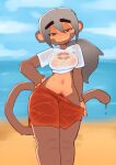 1girl 2024 absurd_res admiral_brickell anthro beach bedroom_eyes bloons_tower_defense breasts brown_body brown_fur clothing female front_view fur grey_hair hair haplorhine high_res lurkin mammal midriff monkey narrowed_eyes ninja_kiwi primate pubes sea seaside seductive shirt smile solo standing swimming_trunks swimwear tail topwear translucent translucent_clothing undressing water wet wet_clothing wet_shirt wet_topwear