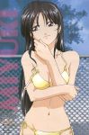 1girl 90s bangs bikini black_hair breast_hold breasts chain-link_fence character_name cleavage cloud cowboy_shot crease day fence head_tilt hentai highres hips holding_arm kobayakawa_miyuki light_smile long_hair looking_to_the_side miyuki mizugi nakajima_atsuko navel official_art outdoors parted_bangs purple_eyes saitou_tetsuhito scan shower side-tie_bikini sky smile solo strap_slip string_bikini swimsuit tree very_long_hair wet wet_hair you're_under_arrest