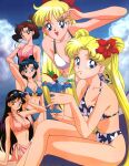 1990s_(style) 5girls alluring ami_mizuno beach bikini bishoujo_senshi_sailor_moon black_hair blonde_hair blue_eyes blue_hair blue_sky brown_hair cleavage green_eyes hair_flower hibiscus itou_ikuko long_hair makoto_kino minako_aino ocean one-piece_bikini pareo purple_eyes rei_hino retro_artstyle sarong short_hair sunglasses_on_head tadano_kazuko usagi_tsukino