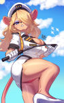 1girl 2024 5_fingers a.i.m._(game) absurd_res anthro artist_name big_breasts black_nose blonde_hair blue_eyes blue_eyeshadow bottomwear breasts buckteeth cleavage clothed clothing curvy_figure ear_piercing ela_novabay eyeshadow female_only frown fully_clothed fur furry gloves hair_over_one_eye half-closed_eyes hat headwear high_heels high_res jacket lens_flare long_hair looking_at_viewer looking_down_at_viewer low-angle_view makeup mammal miniskirt mouse murid murine name_tag narrowed_eyes navy_uniform outside panties panty_peek panty_shot partially_visible_panties riding_crop rodent rollerman solo_female tan_body tan_fur thick_thighs underwear uniform upskirt whip