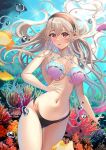 1girl absurd_res arerex big_breasts black_hairband black_panties blush breasts bubble coral corrin_(fire_emblem) corrin_(fire_emblem)_(female) corrin_(summer)_(fire_emblem)_(female) fire_emblem fire_emblem_cipher fire_emblem_fates grey_hair hair_between_eyes hairband high_res long_hair looking_at_viewer navel nintendo official_alternate_costume open_mouth panties pointy_ears shell shell_bikini smile underwater underwear