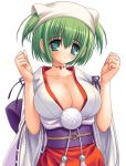  1girl big_breasts breast_squeeze breasts cleavage female green_eyes green_hair haruno_chigusa meguri_hitohira. miko norita photoshop_(medium) short_hair solo wafuku 