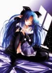  bed black_legwear black_thighhighs blue_hair bow hair_bow hentai highres len pointy_ears red_eyes ren ribbon thighhighs tsukihime yukirin 