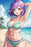 abs ai_generated beach breasts green_eyes looking_at_viewer muscular muscular_female nuggeto purple_hair smile swimsuit