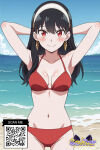 1girl 1girl 1girl ai_generated armpits arms_behind_head arms_up bangs bare_shoulders beach big_breasts bikini black_hair blue_sky blush breasts clavicle cleavage closed_mouth clothing cloud day earrings female_only gold_earrings hair_down hairband headwear horizon jewelry littlehentai long_hair looking_at_viewer medium_breasts navel ocean outside red_bikini red_eyes red_swimsuit sand savitar savitar_(artist) sidelocks sky smile spy_x_family stomach straight_hair swimsuit thighs water white_hair_ornament white_hairband yor_briar