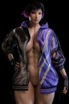 1girl abs alluring asian asian_female athletic_female black_and_purple_hair female_abs fingerless_gloves fit_female jacket_only jacket_open looking_at_viewer naked_from_the_waist_down namco pussy reina_(tekken) smiling_at_viewer solo_female tekken tekken_8 vensaku