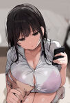 1boy 1girl big_breasts black_hair blurry blurry_background bra bra_visible_through_clothes breast_grab breasts brown_eyes button_gap cellphone cleavage clothed commentary_request grabbing grabbing_another's_breast grabbing_breasts groping guided_breast_grab guiding_hand high_res holding holding_phone long_hair looking_at_viewer original phone pink_bra rouka_(akatyann) shirt smartphone sweat tanezawa_nanami_(rouka) thighs underwear wet wet_clothes wet_hair wet_shirt white_shirt